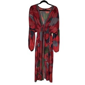 Eshakti Size S Drawstring Waist Abstract Print Georgette Long Duster Pink Blue